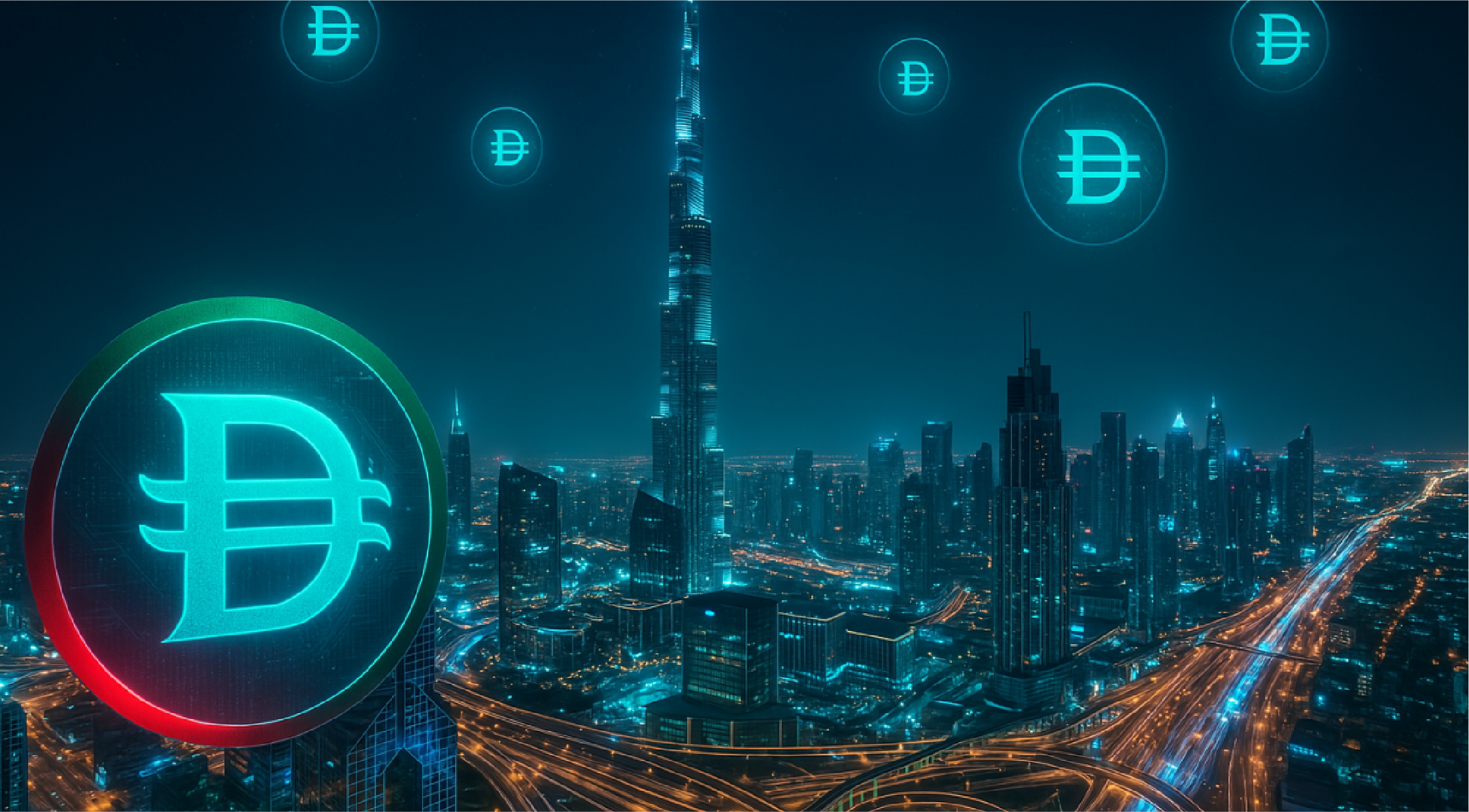 Digital currency symbols above a night-time city skyline
